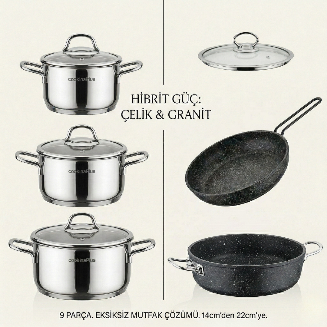 CookinaPlus 9 Parça Premium Hibrit Mutfak Seti | Mini Çelik Sos Serisi & Granit Duo