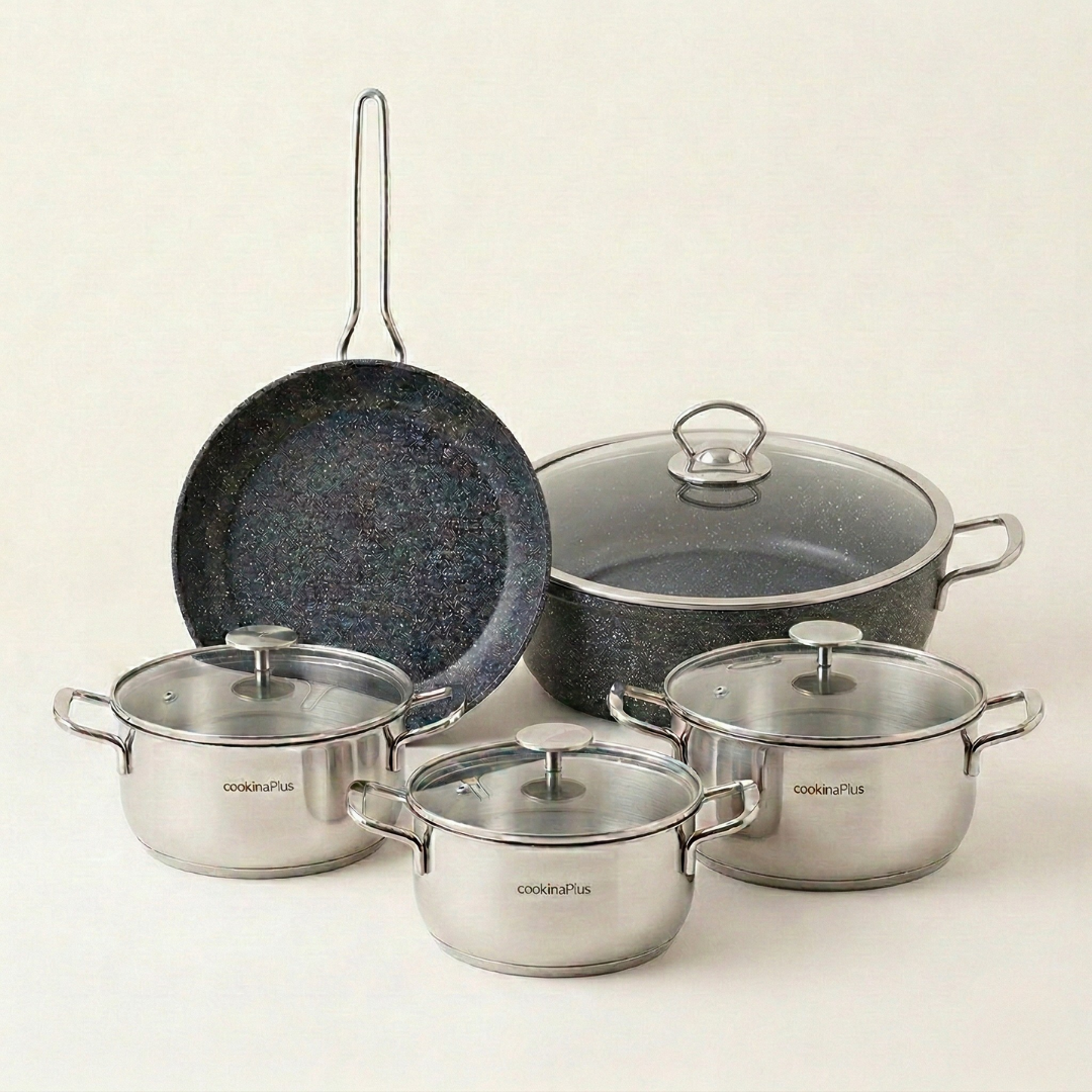 CookinaPlus 9 Parça Premium Hibrit Mutfak Seti | Mini Çelik Sos Serisi & Granit Duo