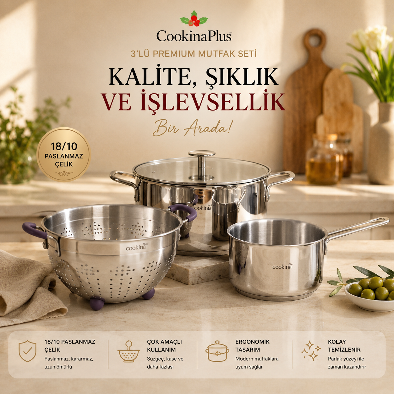 CookinaPlus 3'lü Paslanmaz Çelik Aşure Paketi | Tencere ve Süzgeç Seti