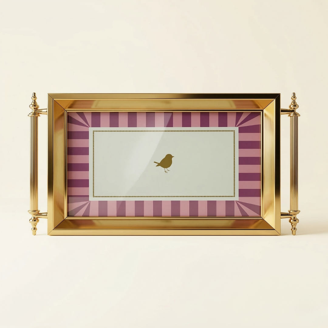 Avian-Striped Gold Kaplama Aynalı Sunum Tepsisi (41x28 cm)