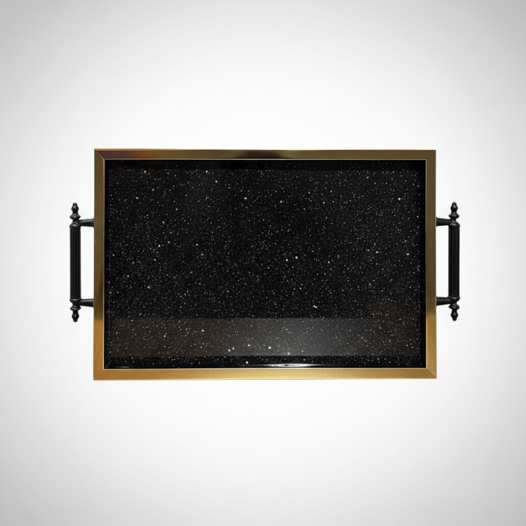 CookinaPlus Galaxy Serisi Siyah Simli ve Gold Çerçeveli Dikdörtgen Sunum Tepsisi - Lüks Tasarım