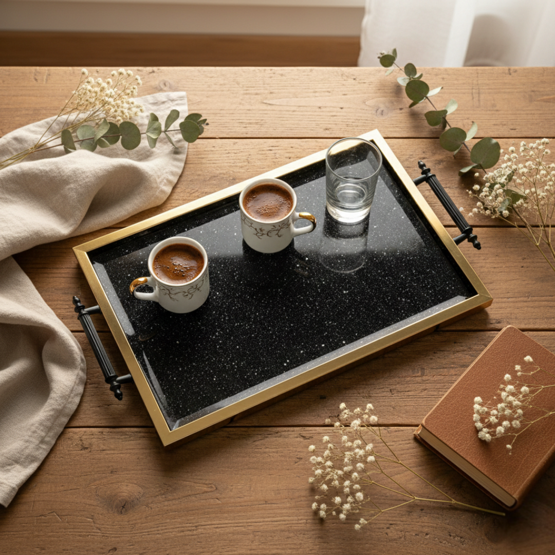 Modern Salon Dekorasyonu ve Kahve Sunumu İçin Siyah Aynalı Gold Tepsi Modeli