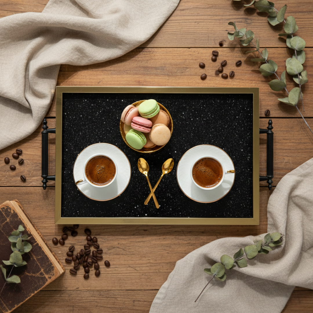 2 Kişilik Kahve ve Tatlı Sunumu İçin Siyah Gold Tepsi Düzeni - Üstten Görünüm