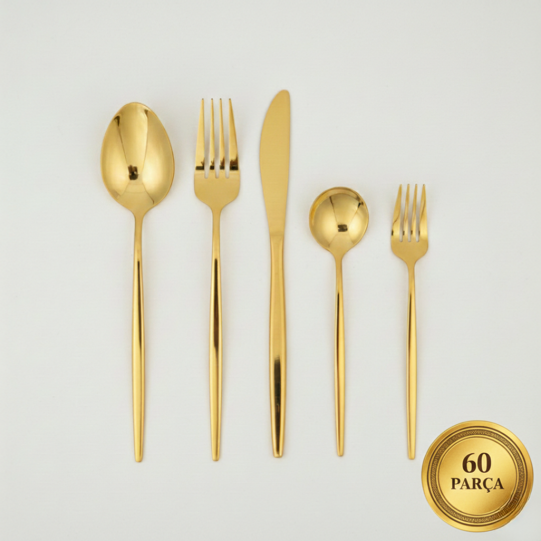 CookinaPlus Royal Gold 60 Parça 12 Kişilik Lüks Çatal Bıçak Takımı