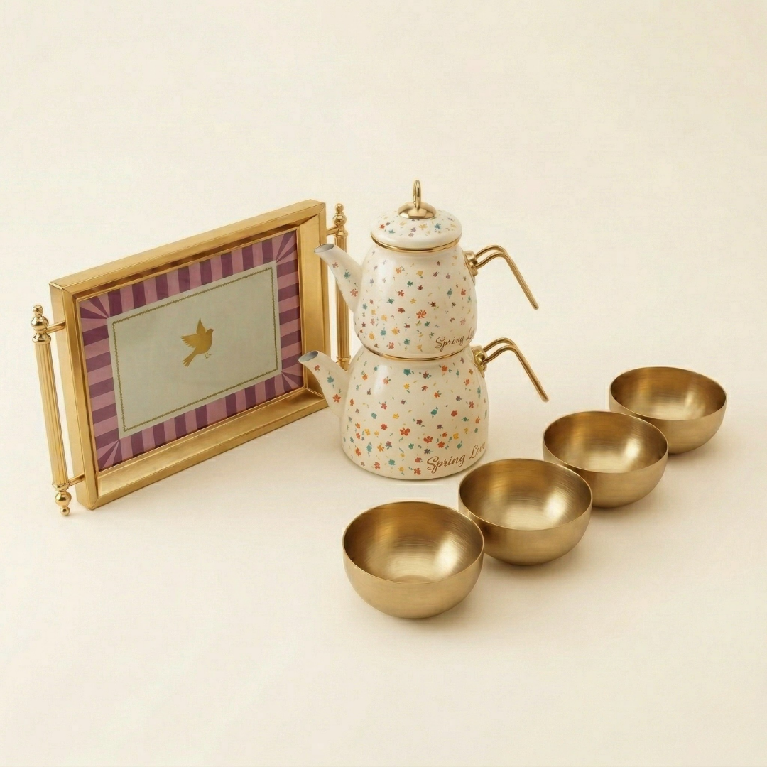 CookinaPlus Golden Ritual: Spring Love Emaye Çaydanlık, 4’lü Sunum Kasesi ve Tepsi