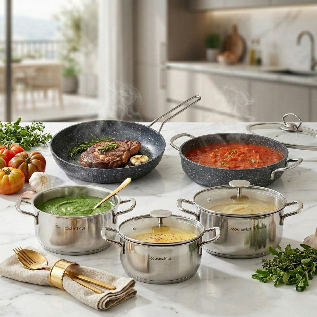 CookinaPlus 9 Parça Premium Hibrit Mutfak Seti | Mini Çelik Sos Serisi & Granit Duo
