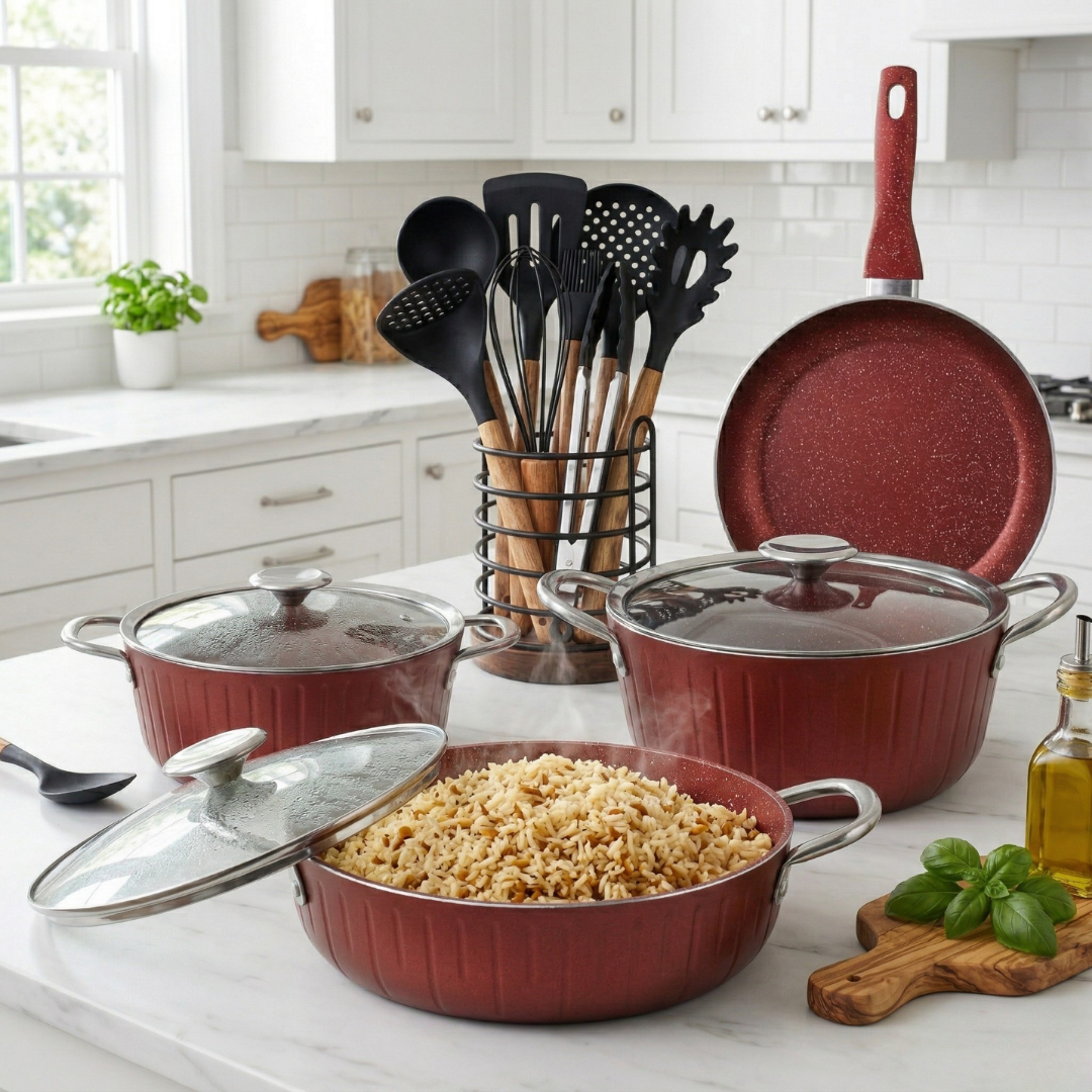 Cookina 7 Parça Kırmızı Granit Tencere Seti & Standlı Servis Seti HEDİYE