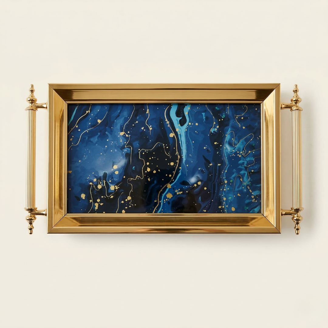 Nebula-Blue Gold Kaplama Aynalı Sunum Tepsisi (41x28 cm)