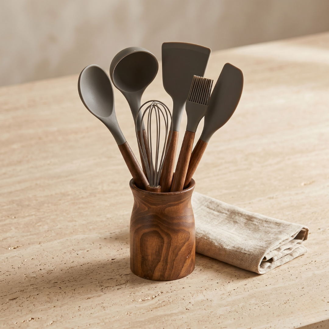 CookinaPlus Nordic Chef 7 Parça Akasya Ahşap Saplı Silikon Mutfak Gereçleri Seti - Antrasit