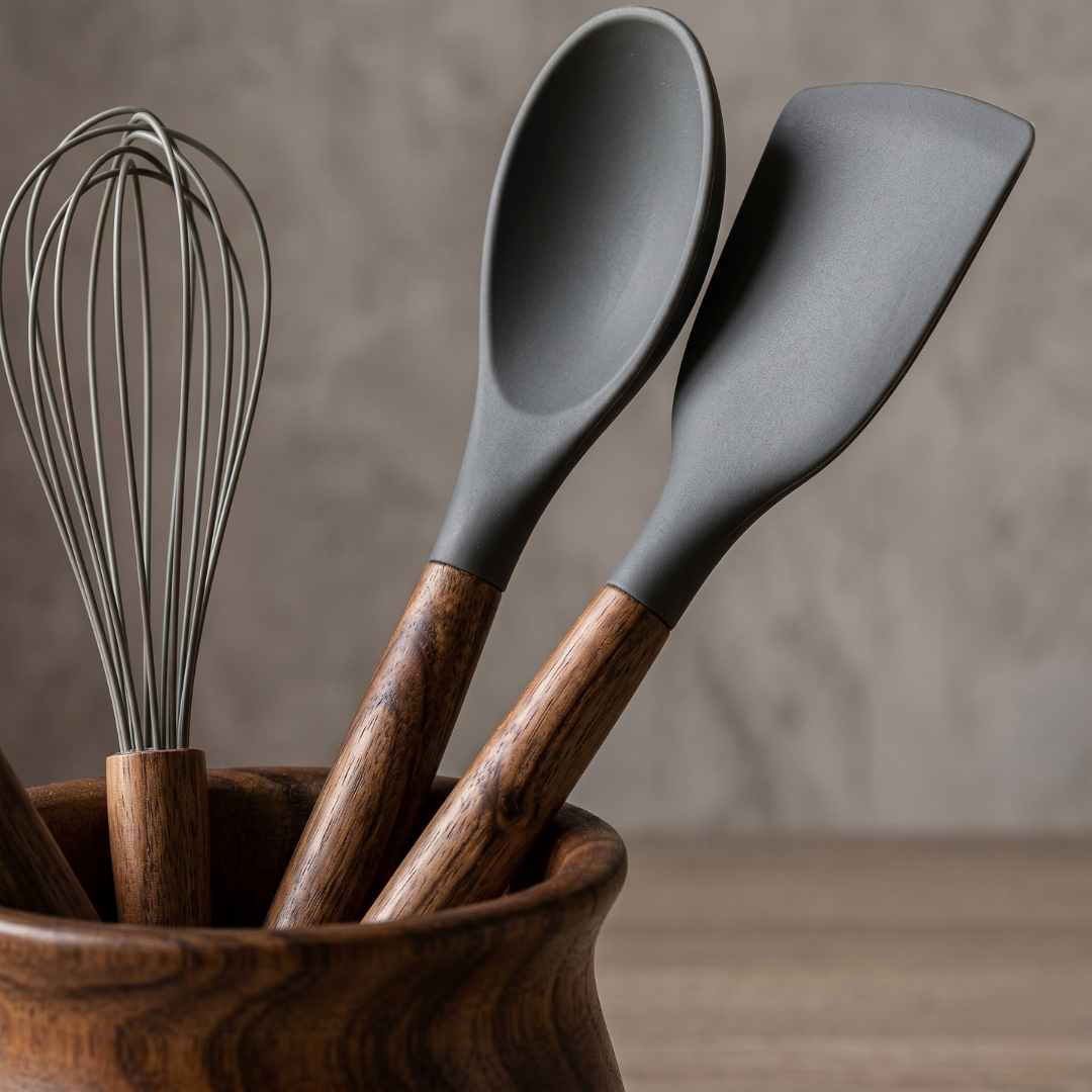 CookinaPlus Nordic Chef 7 Parça Akasya Ahşap Saplı Silikon Mutfak Gereçleri Seti - Antrasit