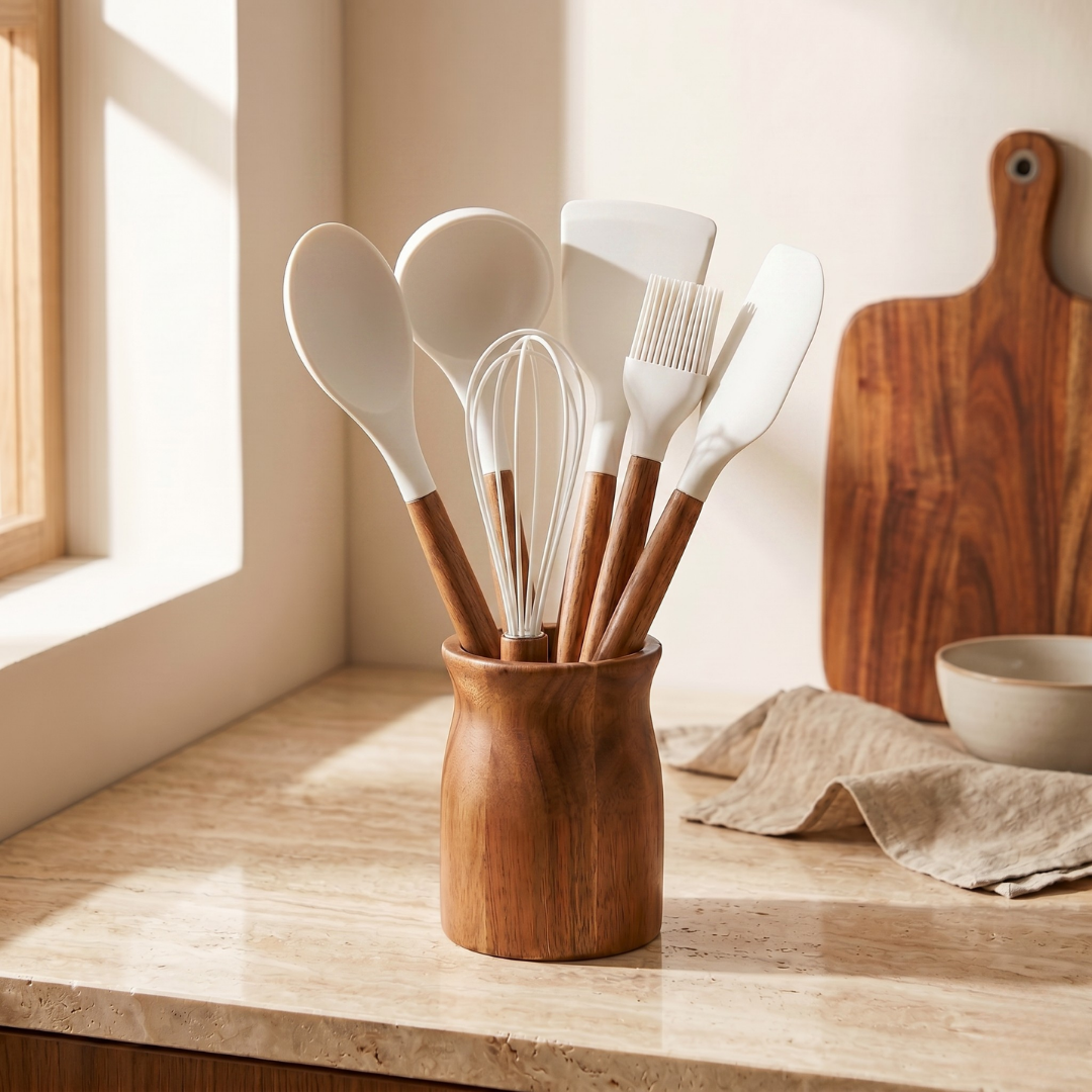 CookinaPlus Nordic Chef 7 Parça Akasya Ahşap Saplı Silikon Mutfak Gereçleri Seti - Beyaz