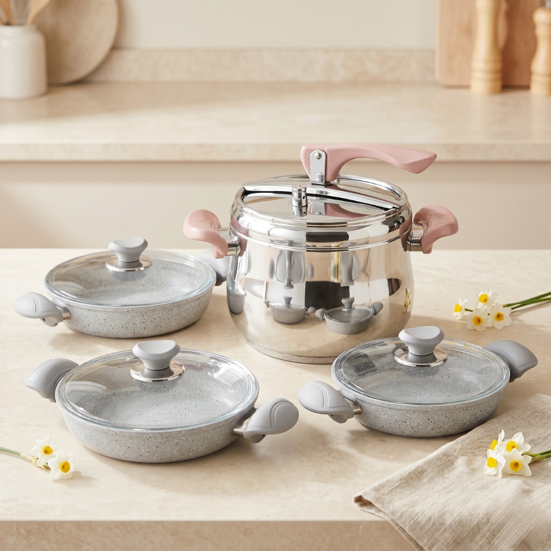 CookinaPlus Oslo Stone Bundle Set – Premium Düdüklü Tencere & 3’lü Granit Sahan Seti