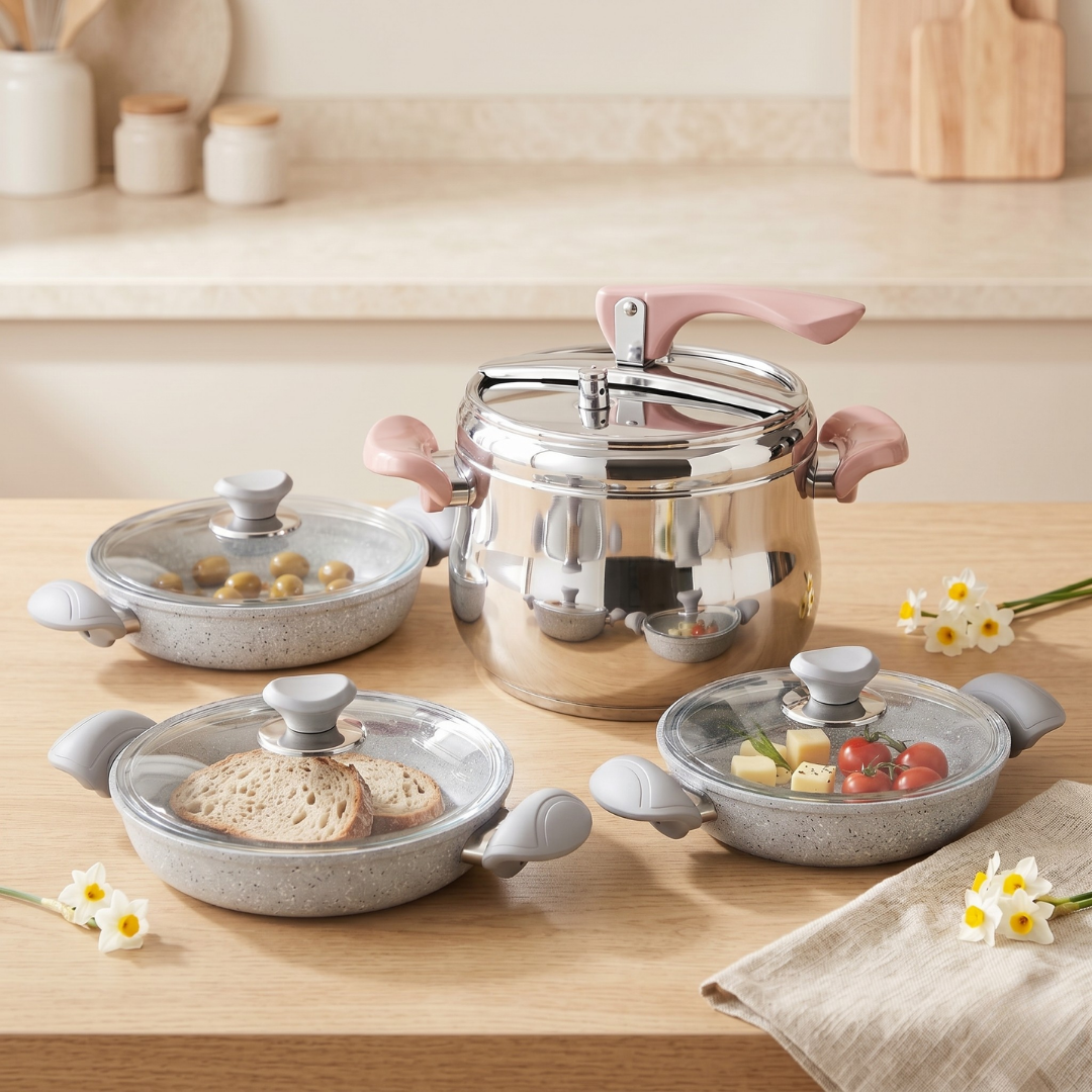 CookinaPlus Oslo Stone Bundle Set – Premium Düdüklü Tencere & 3’lü Granit Sahan Seti