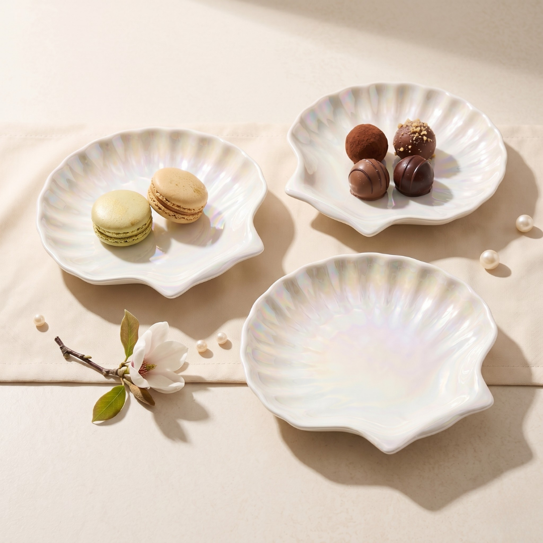CookinaPlus Pearlina 6 Parça İstiridye Formlu Porselen İkram ve Pasta Tabağı Seti