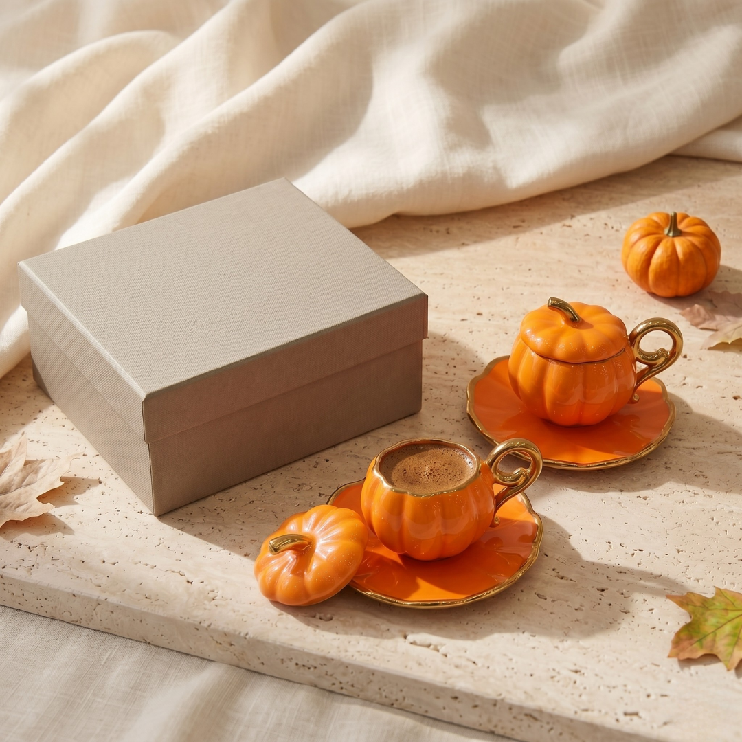 CookinaPlus Pumpkina 6 Parça Kapaklı Bal Kabağı Porselen Kahve Fincan Takımı 2 Kişilik
