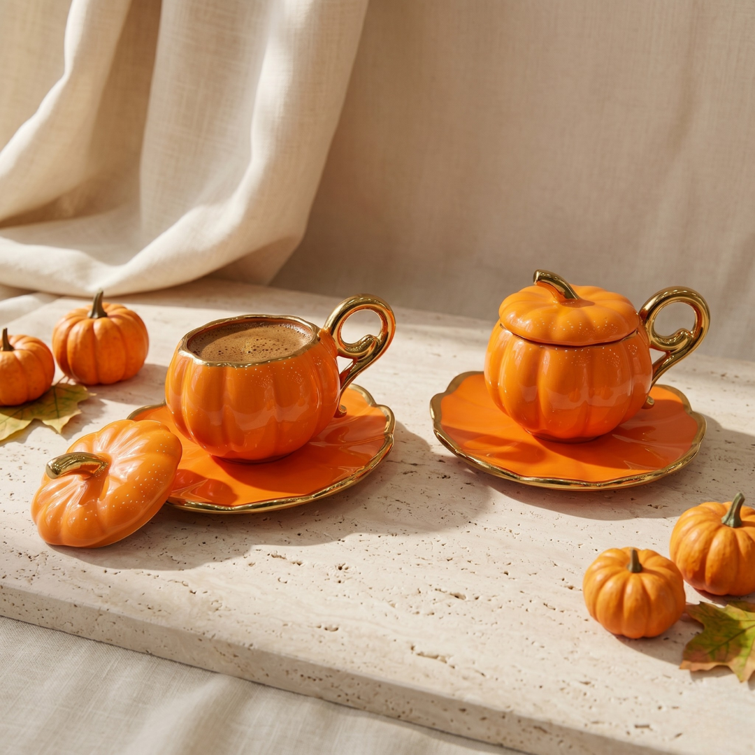 CookinaPlus Pumpkina 6 Parça Kapaklı Bal Kabağı Porselen Kahve Fincan Takımı 2 Kişilik