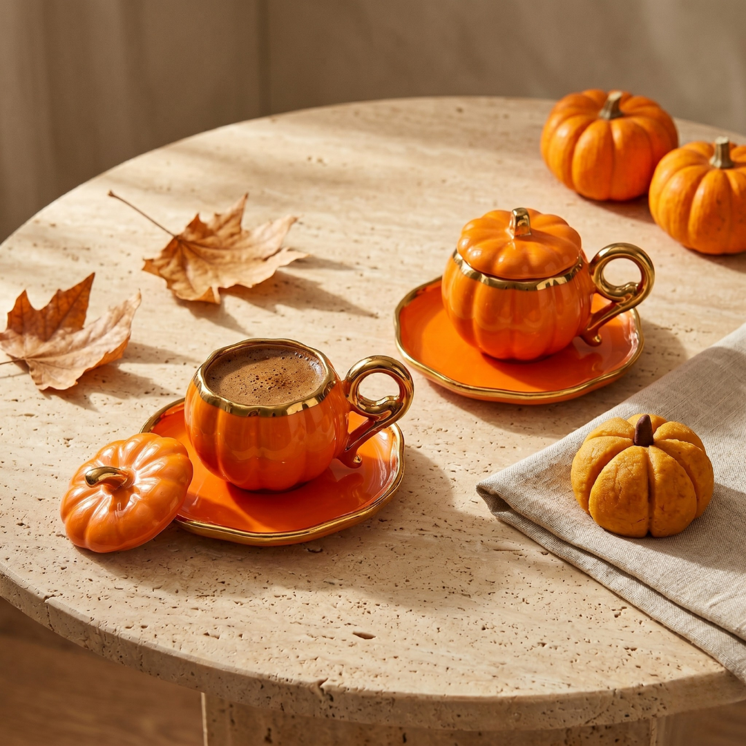 CookinaPlus Pumpkina 6 Parça Kapaklı Bal Kabağı Porselen Kahve Fincan Takımı 2 Kişilik