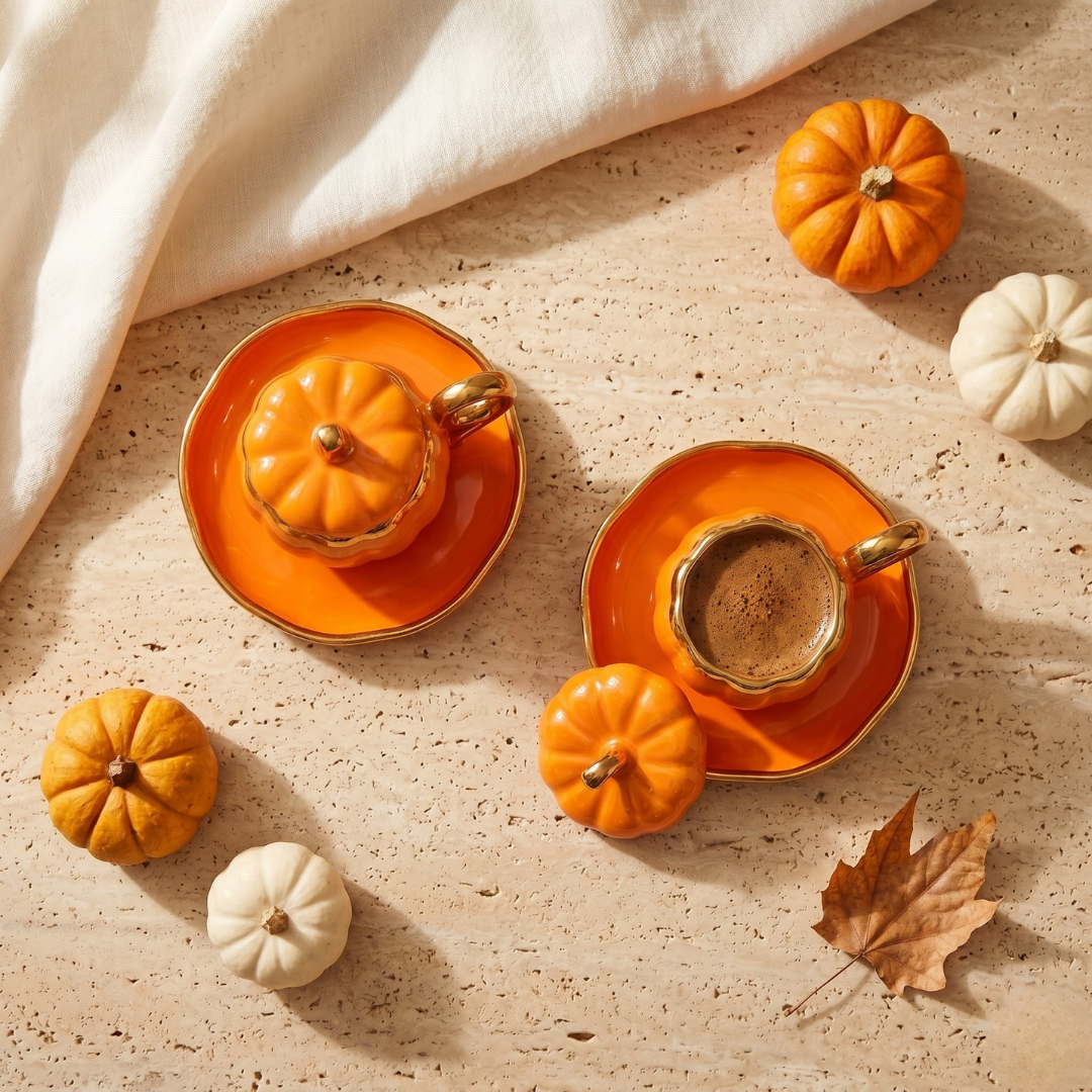 CookinaPlus Pumpkina 6 Parça Kapaklı Bal Kabağı Porselen Kahve Fincan Takımı 2 Kişilik