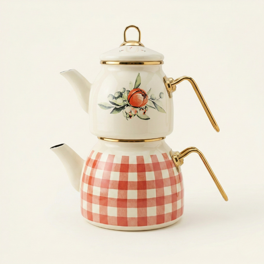 Premium Rosa Serisi Emaye Çaydanlık Takımı - Ekose ve Gül Desenli