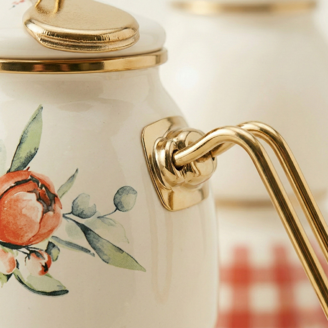 Premium Rosa Serisi Emaye Çaydanlık Takımı - Ekose ve Gül Desenli