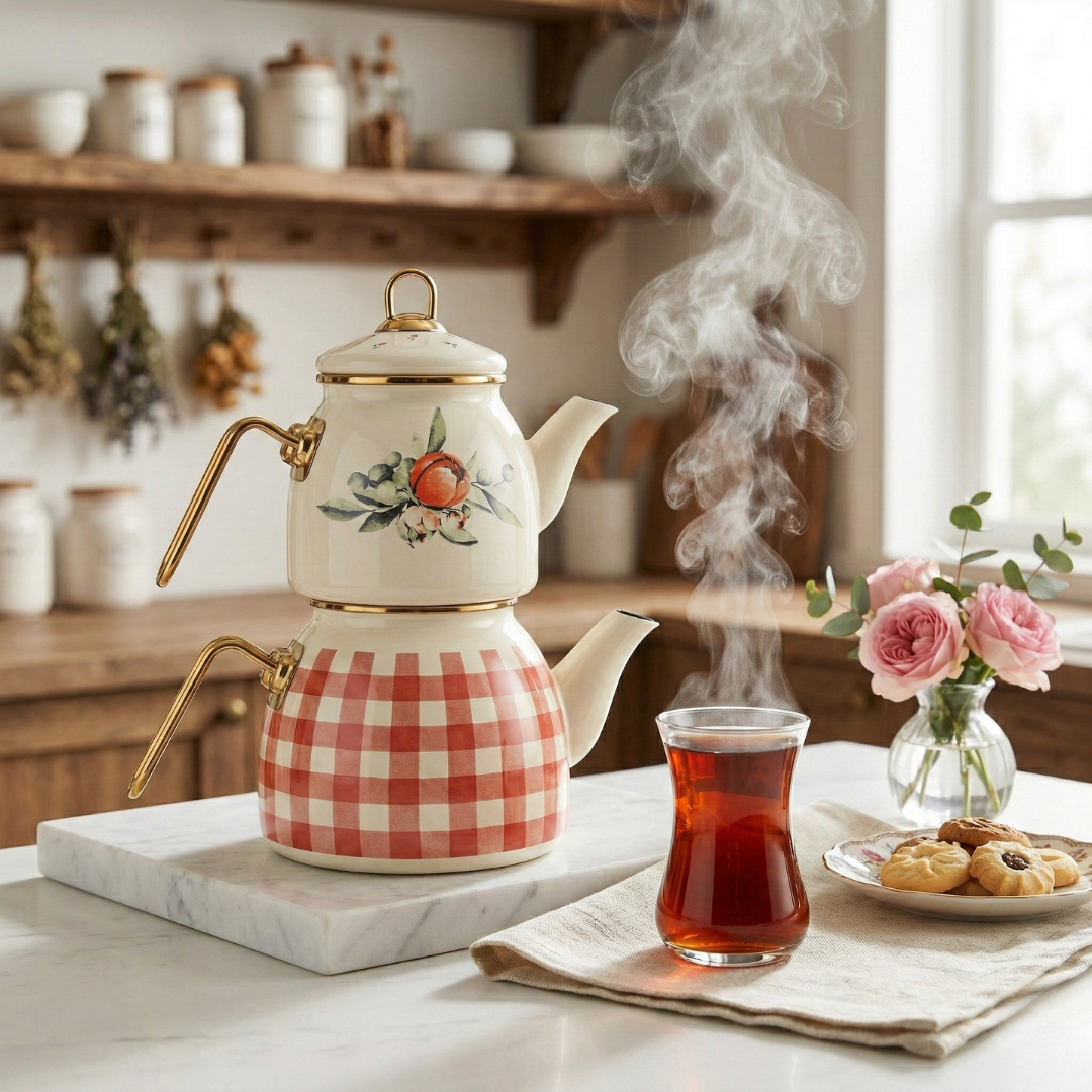 Premium Rosa Serisi Emaye Çaydanlık Takımı - Ekose ve Gül Desenli