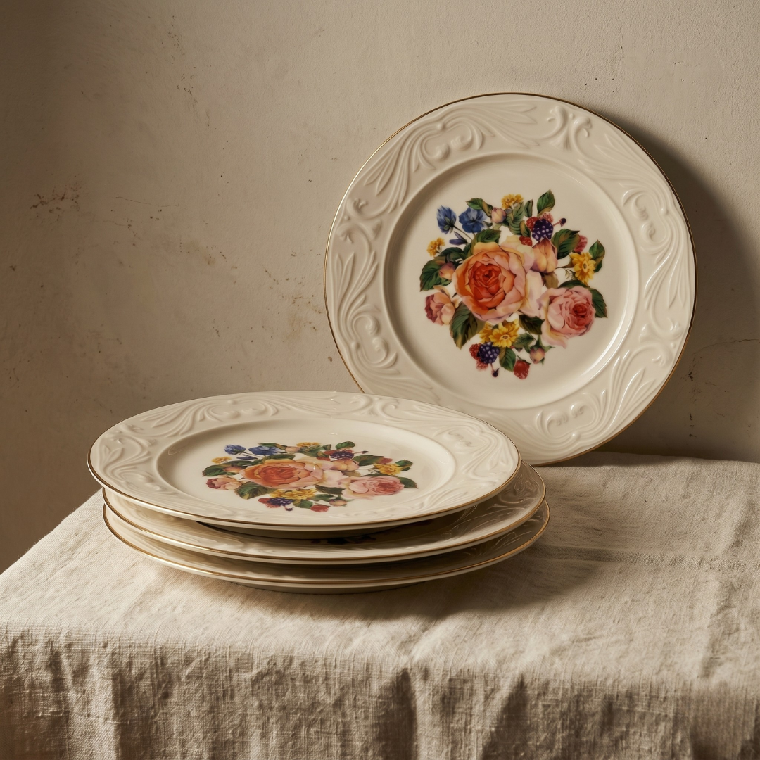 CookinaPlus Rosé Heritage 6 Kişilik Porselen Servis Tabağı Seti - Antik Gül Serisi