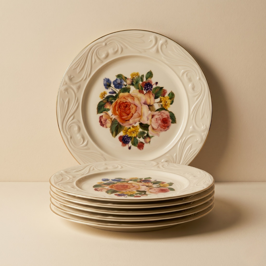 CookinaPlus Rosé Heritage 6 Kişilik Porselen Servis Tabağı Seti - Antik Gül Serisi