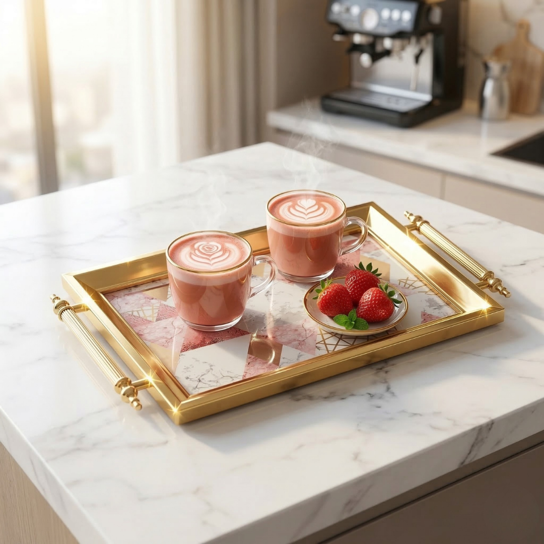 Rose-Marble Mosaic Gold Kaplama Aynalı Sunum Tepsisi (41x28 cm)