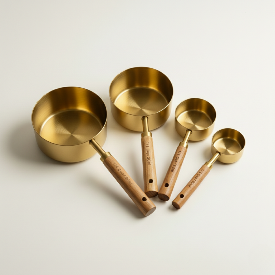 CookinaPlus Royal Gold serisi ahşap saplı 4'lü lüks ölçü kabı seti.