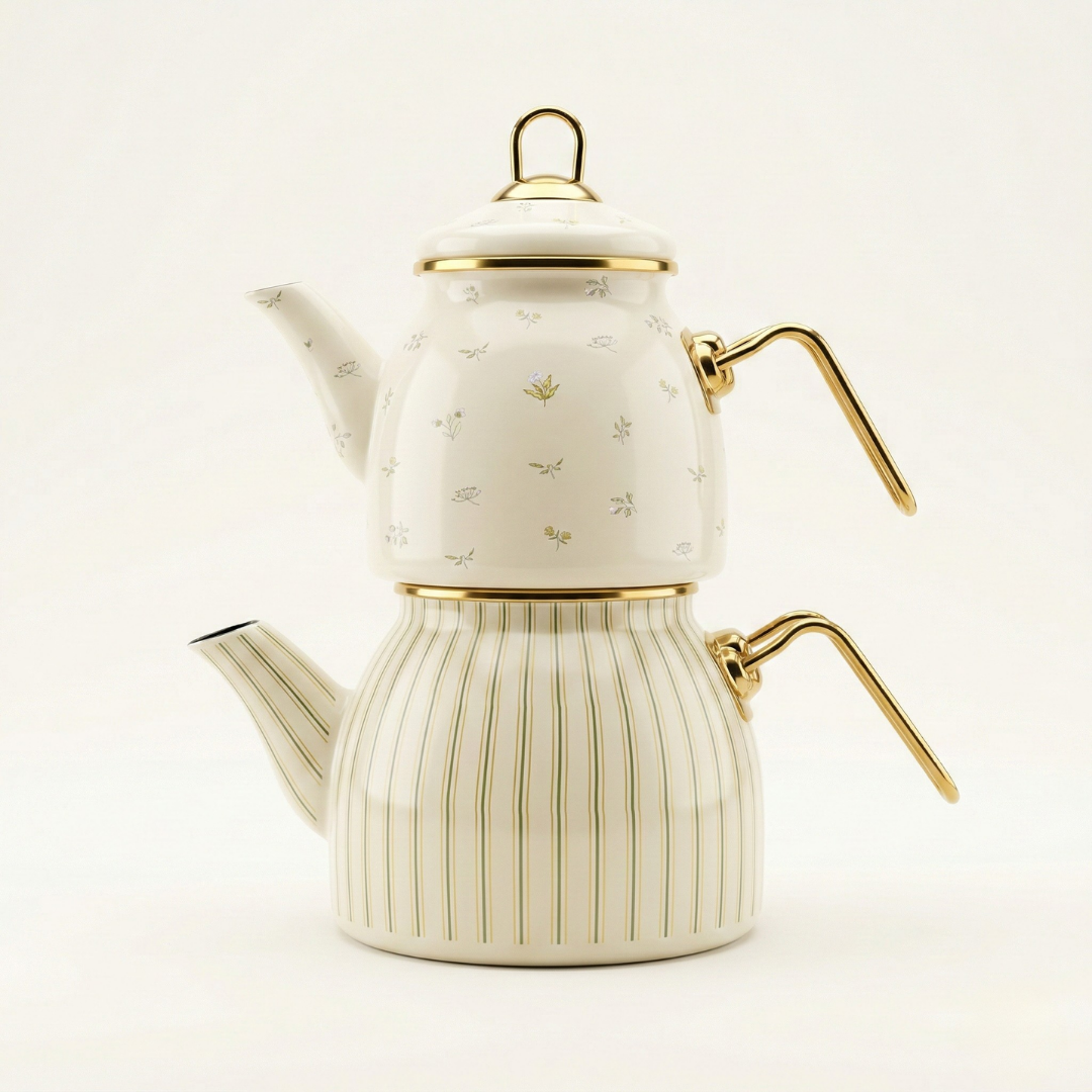 Premium Vintage Stripe & Meadow Emaye Çaydanlık Takımı - Çizgili ve Çiçekli