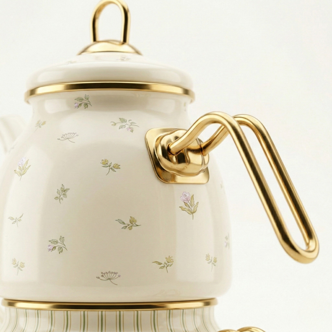 Premium Vintage Stripe & Meadow Emaye Çaydanlık Takımı - Çizgili ve Çiçekli