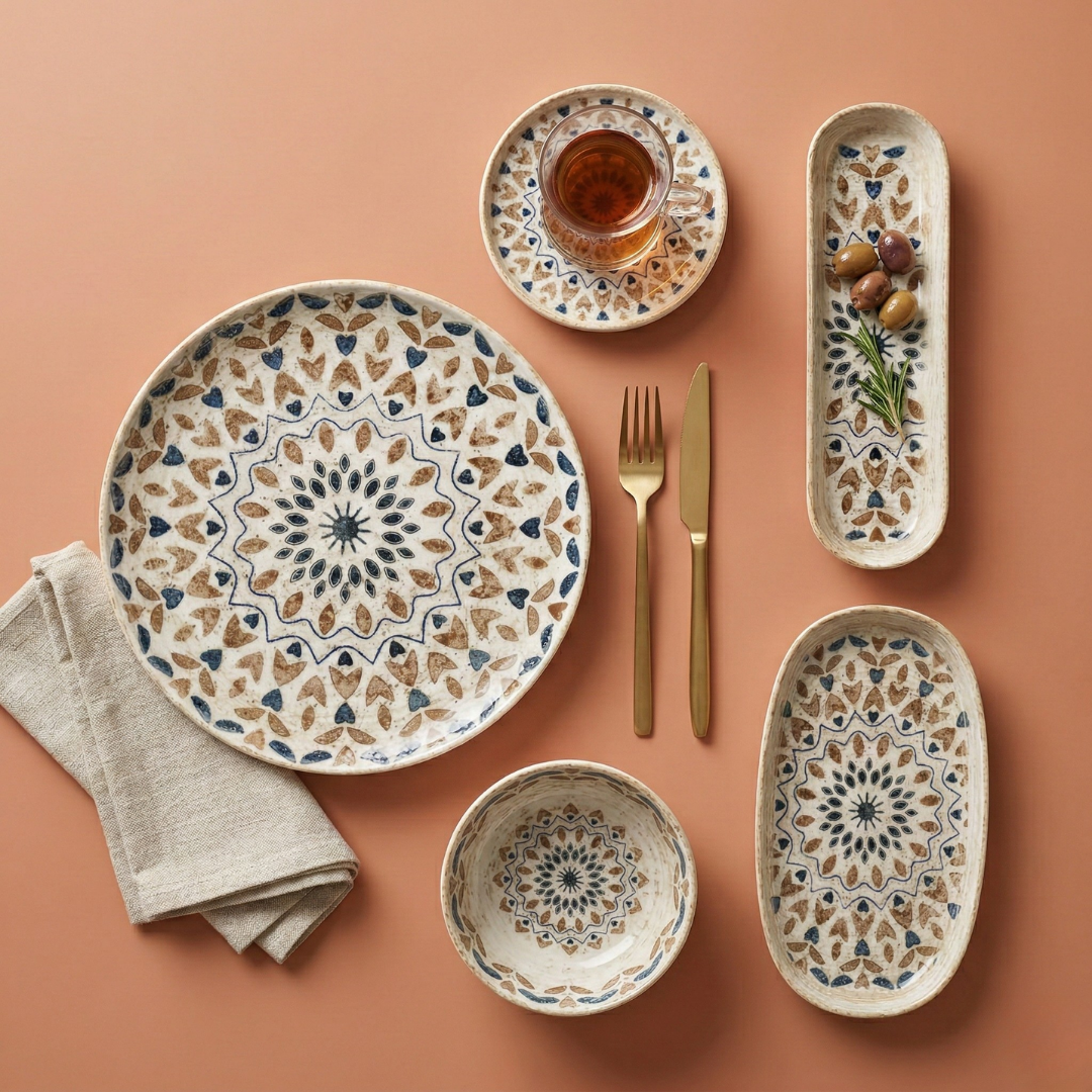 29 Parça Premium Porselen Kahvaltı Seti - Etnik Mandala Serisi - 6 Kişilik