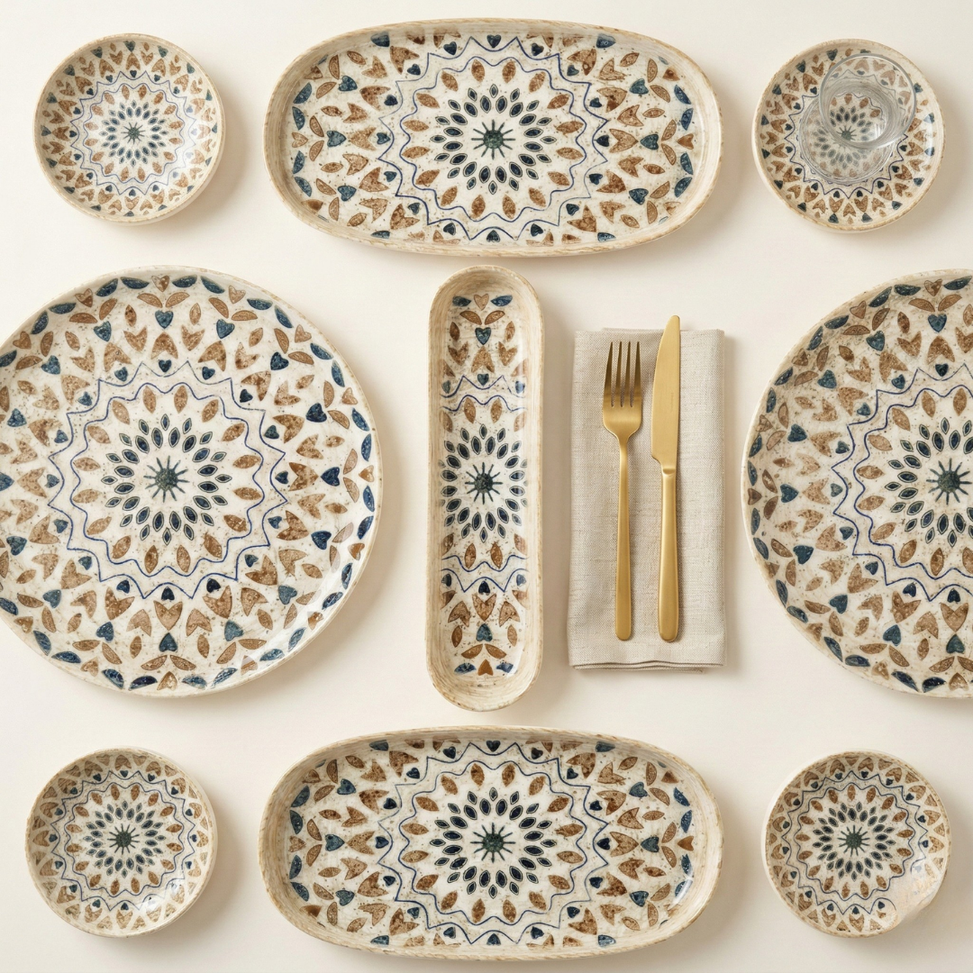 29 Parça Premium Porselen Kahvaltı Seti - Etnik Mandala Serisi - 6 Kişilik