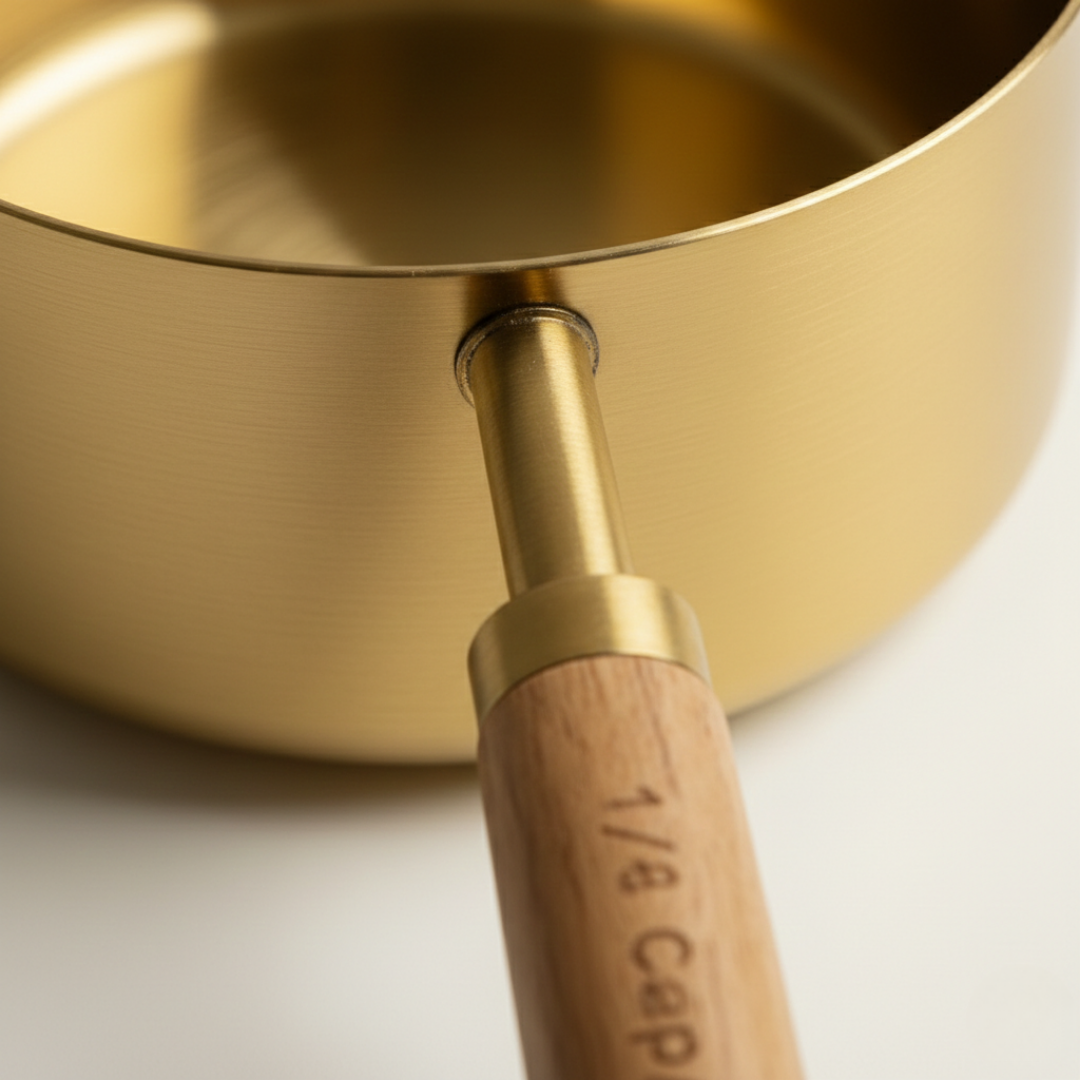 Paslanmaz çelik ve ahşap sap birleşim yerinin yakın çekim kalite detayı.