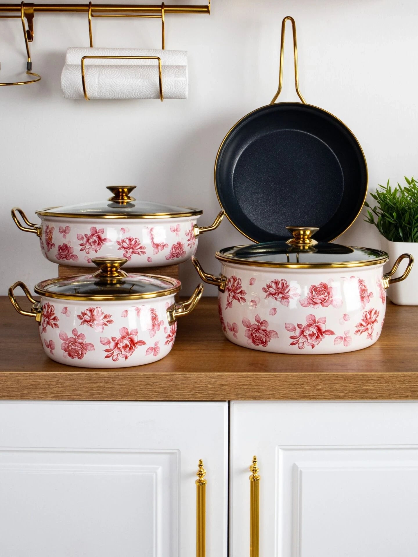 Lilium Emaye 7 Parça Pembe Gül Desenli Tencere Tava Set