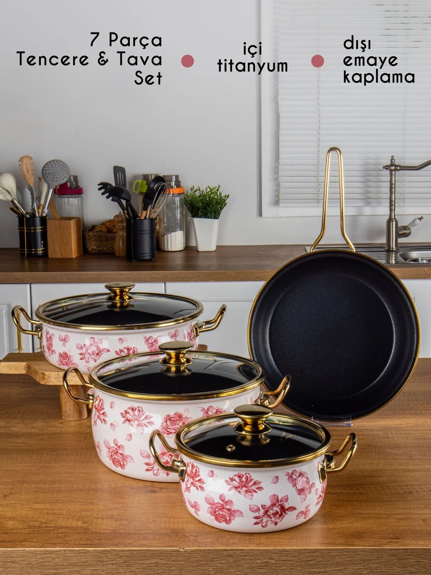 Lilium Emaye 7 Parça Pembe Gül Desenli Tencere Tava Set