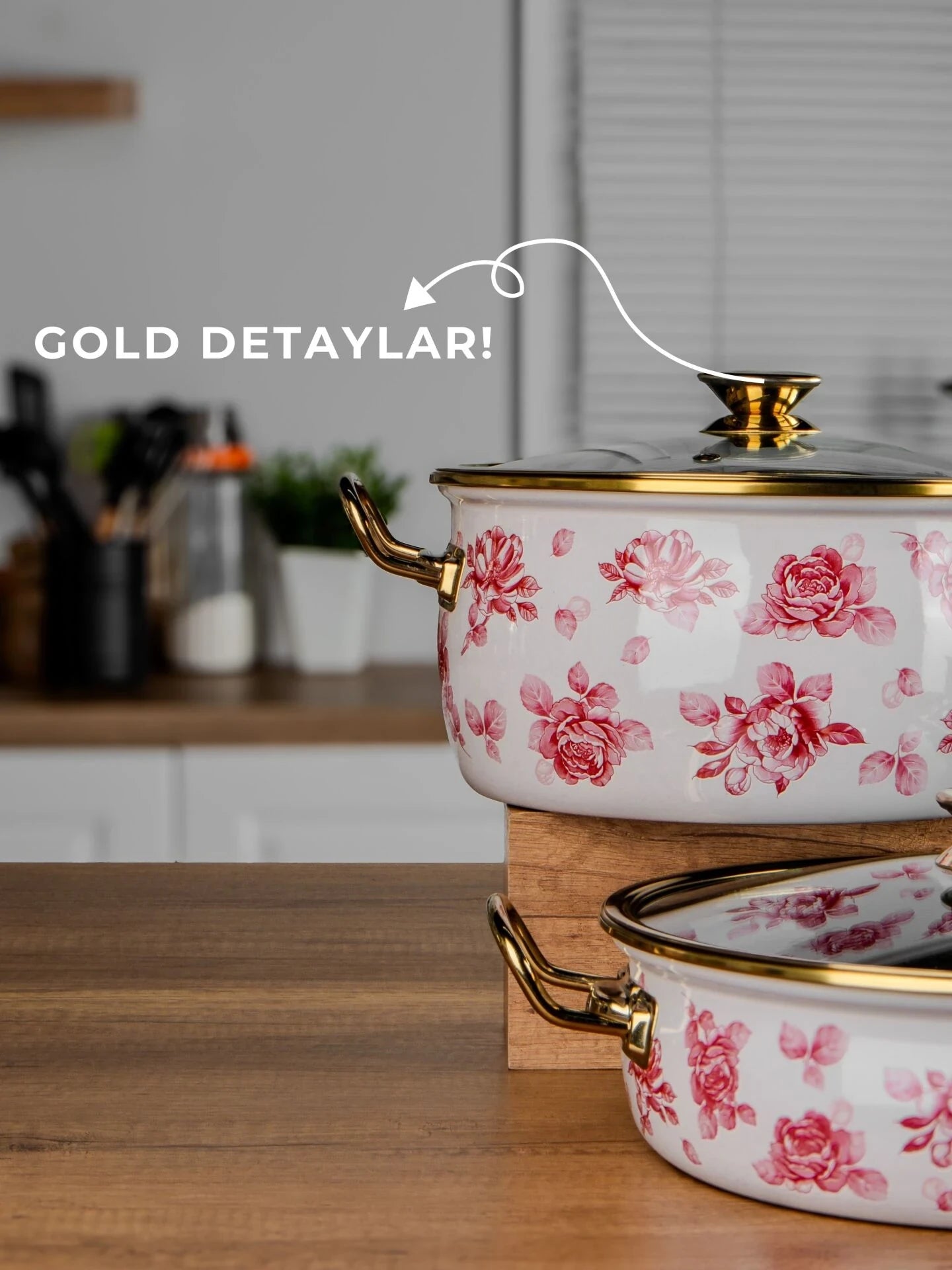 Lilium Emaye 7 Parça Pembe Gül Desenli Tencere Tava Set