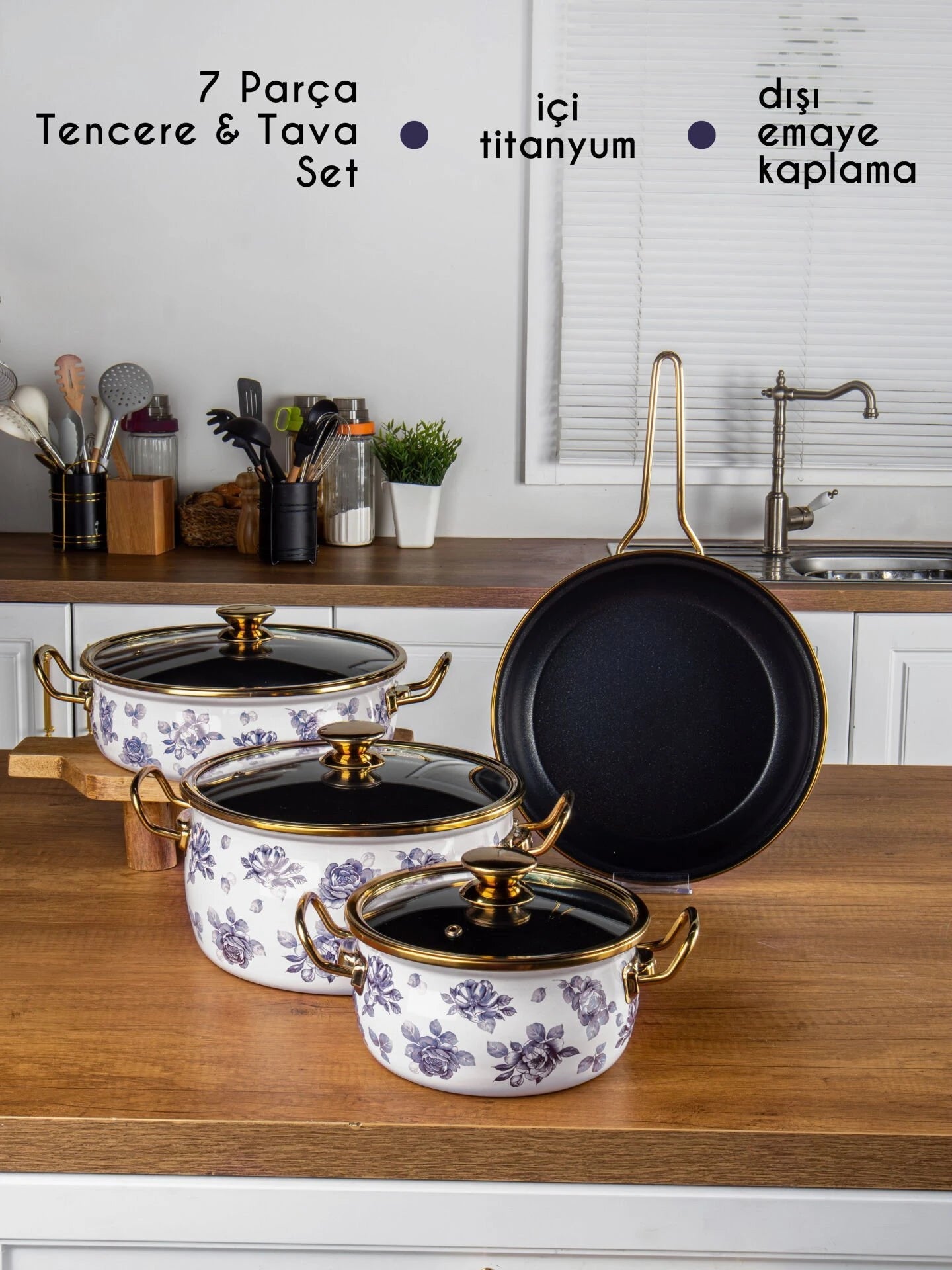 Lilium Emaye 7 Parça Mavi Gül Desenli Tencere Tava Set
