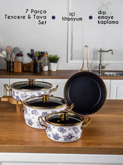 Lilium Emaye 7 Parça Mavi Gül Desenli Tencere Tava Set