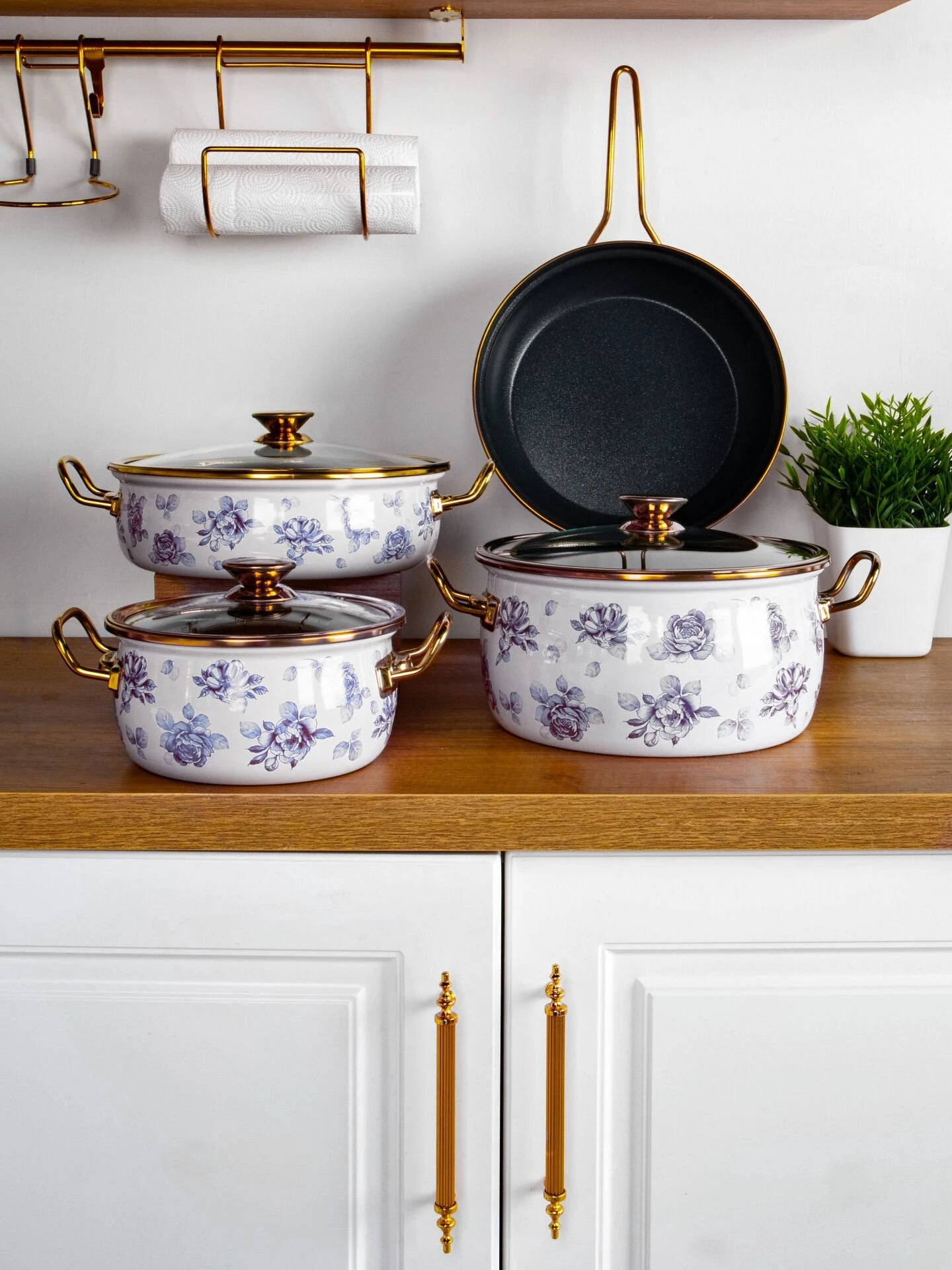 Lilium Emaye 7 Parça Mavi Gül Desenli Tencere Tava Set