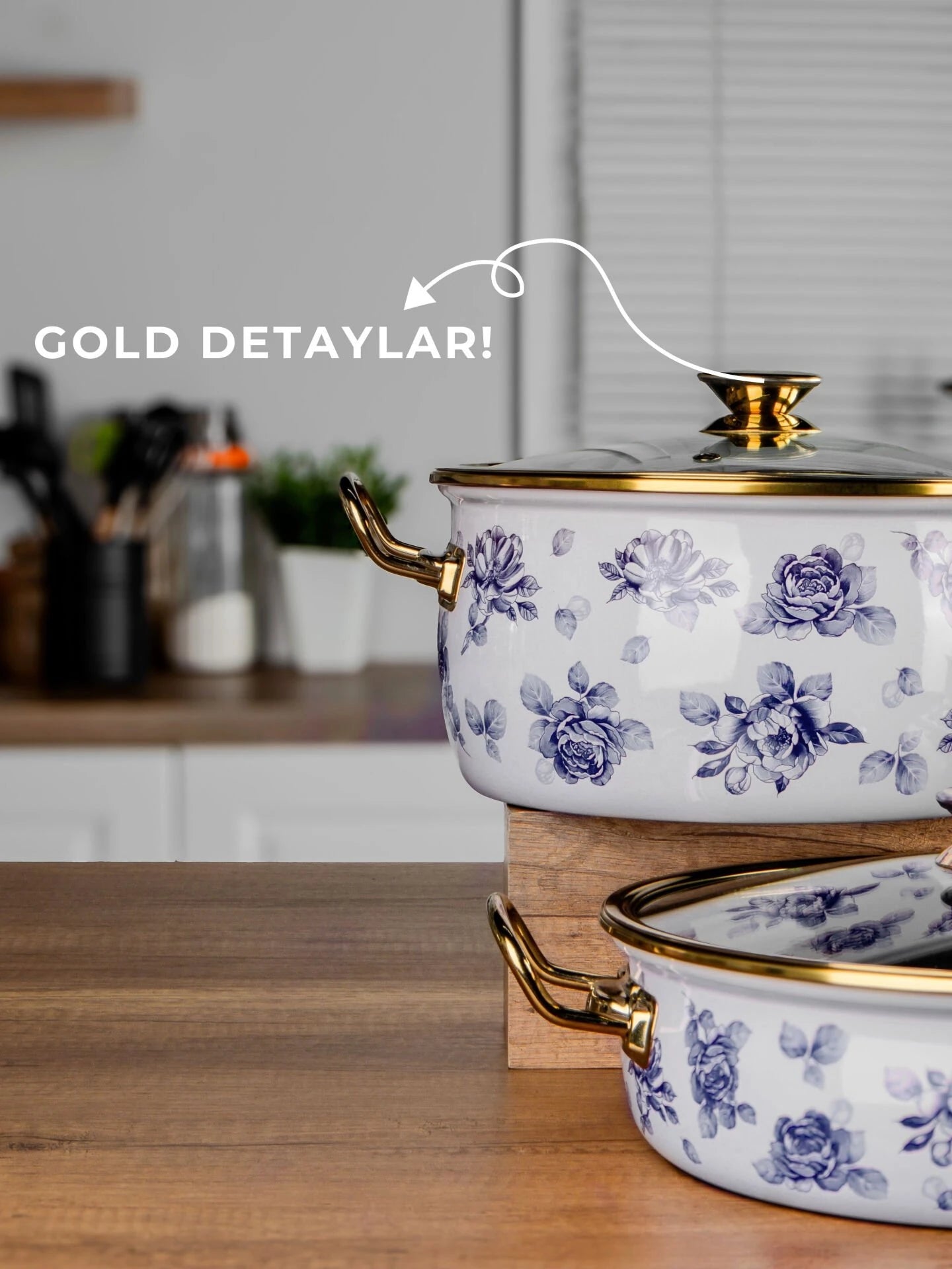 Lilium Emaye 7 Parça Mavi Gül Desenli Tencere Tava Set