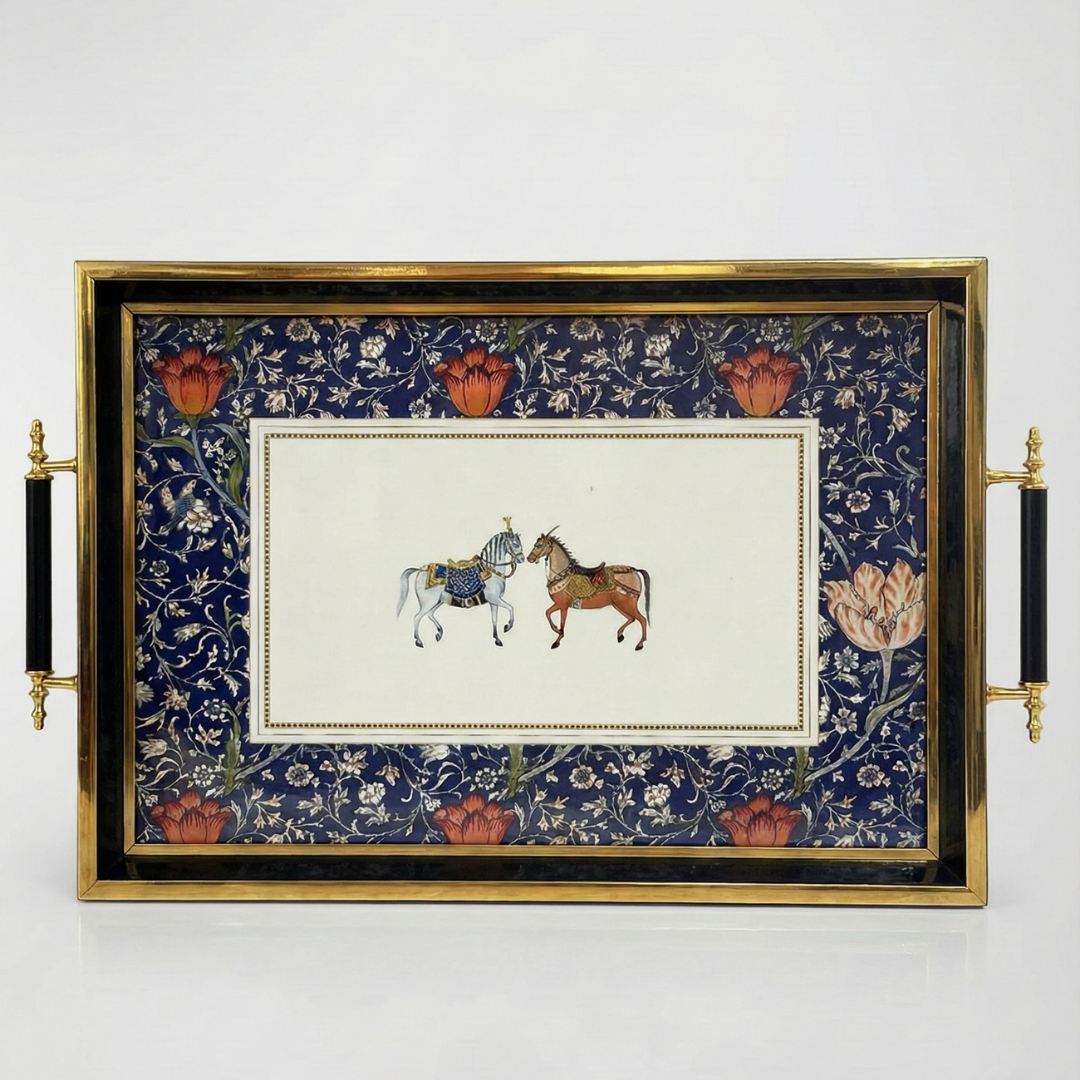 Chinoiserie Mavi Lale Desenli Çift Atlı Sunum Tepsisi(41x28)