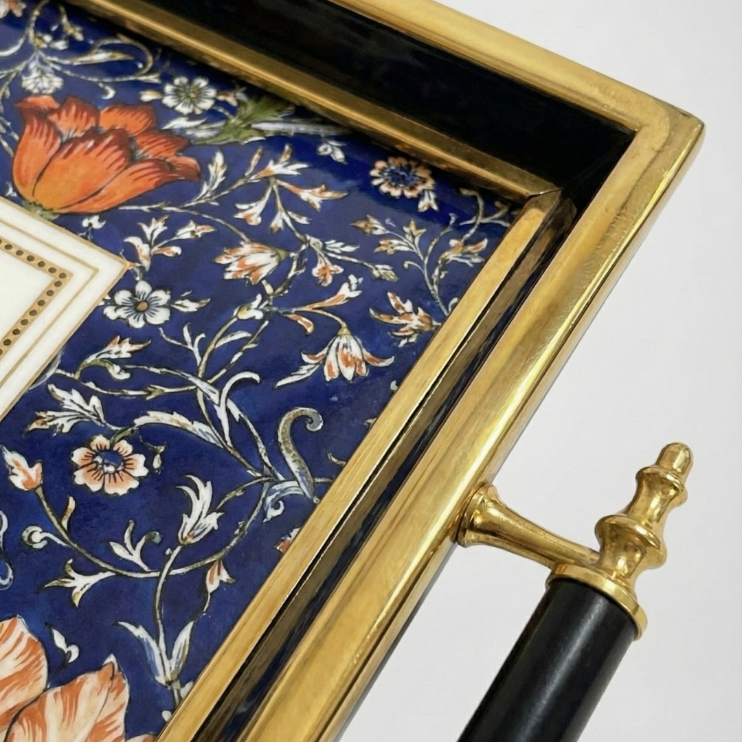Chinoiserie Mavi Lale Desenli Çift Atlı Sunum Tepsisi(41x28)