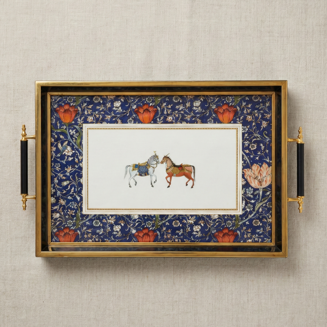 Chinoiserie Mavi Lale Desenli Çift Atlı Sunum Tepsisi(41x28)