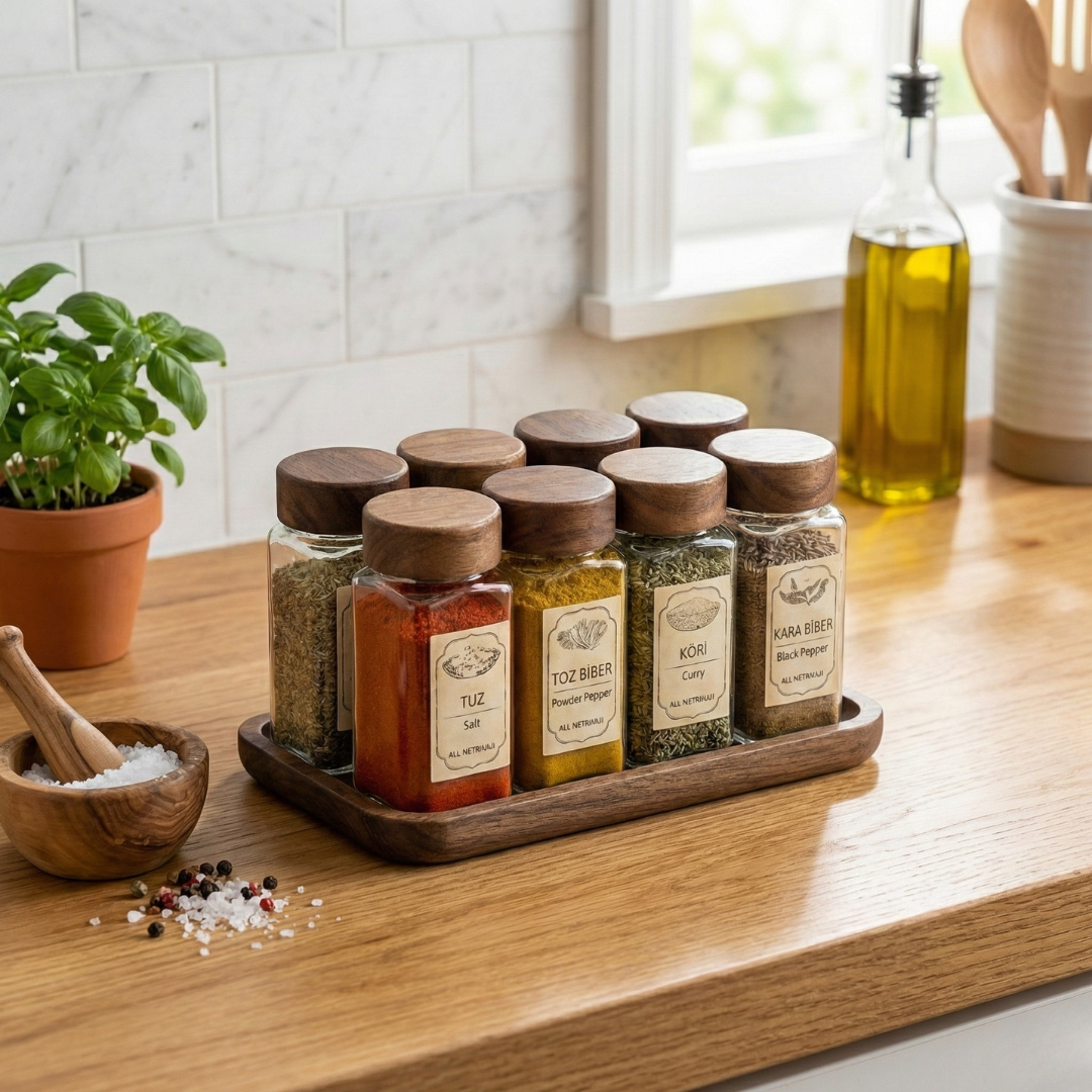 Akasya Standlı 8'li Cam Baharatlık Seti