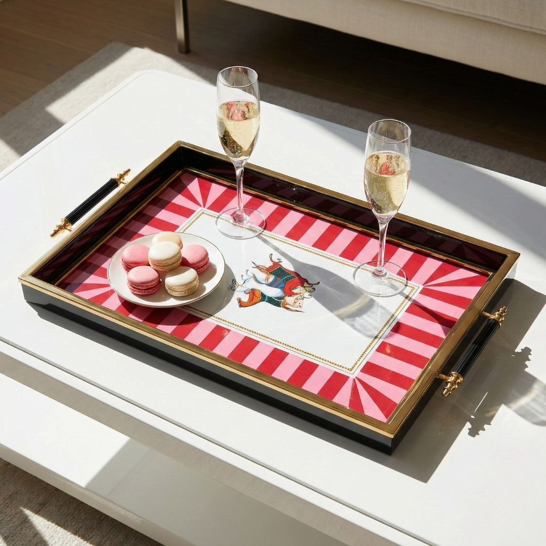 Pop Art Pembe Çizgili ve At Figürlü Modern Tepsi(41x28)