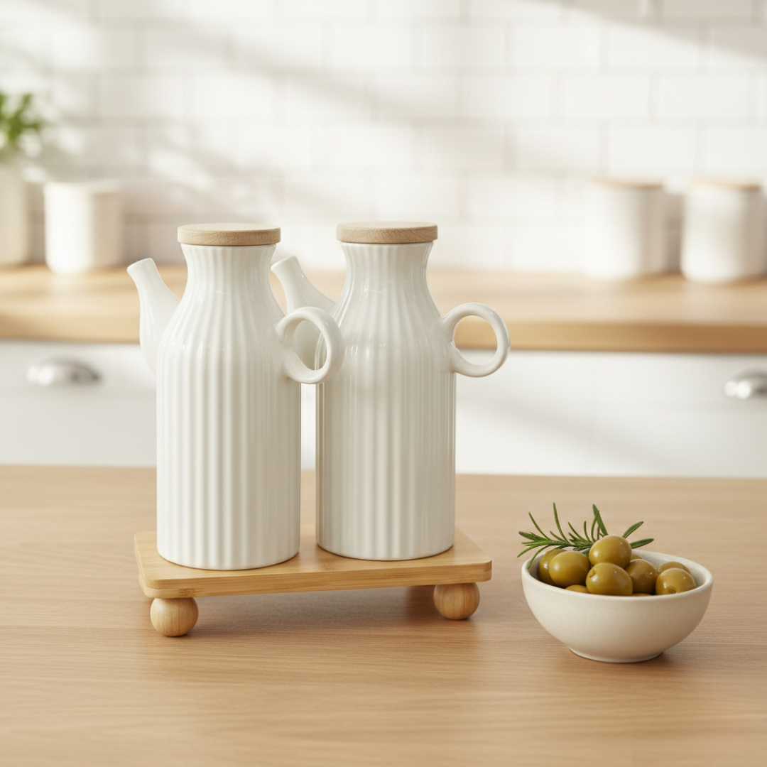 Cookinaplus 2’li Porselen Yağdanlık & Sosluk Seti - Bambu Standlı