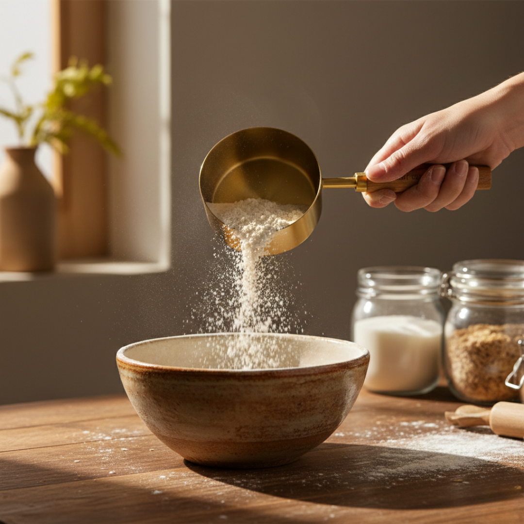 Mutfakta un ölçümü yapan şef, gold ölçü kabı kullanımı.