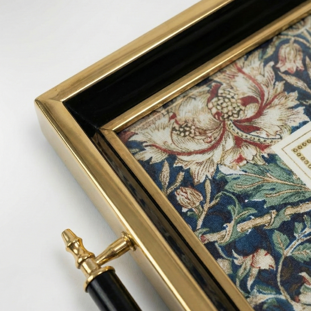 Vintage Çiçek Desenli Gold Kenarlı Dekoratif Tepsi (41x28)