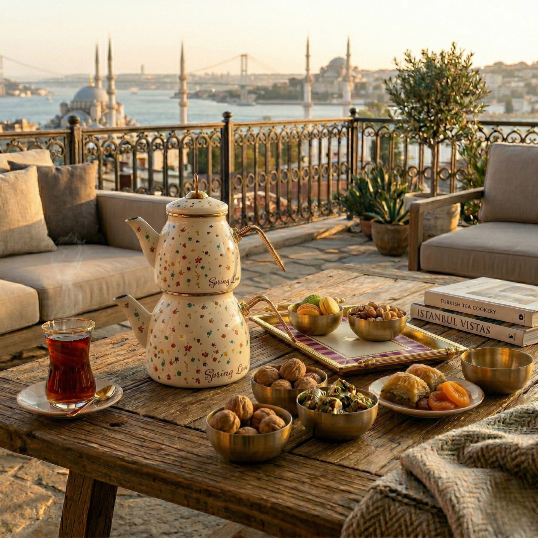 CookinaPlus Golden Ritual: Spring Love Emaye Çaydanlık, 4’lü Sunum Kasesi ve Tepsi
